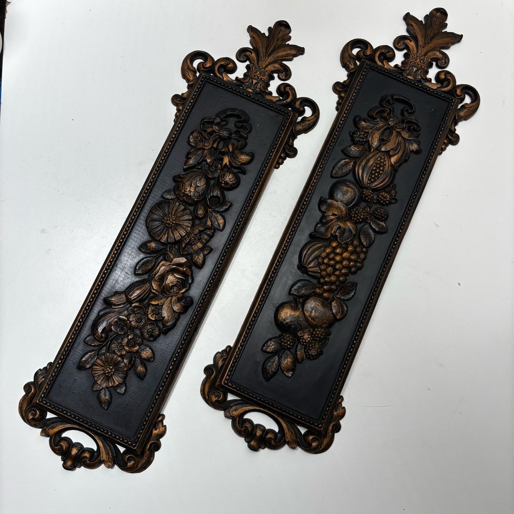 Dart Ind Coppercraft Guild set of 2 fruit and floral syroco wall plaques